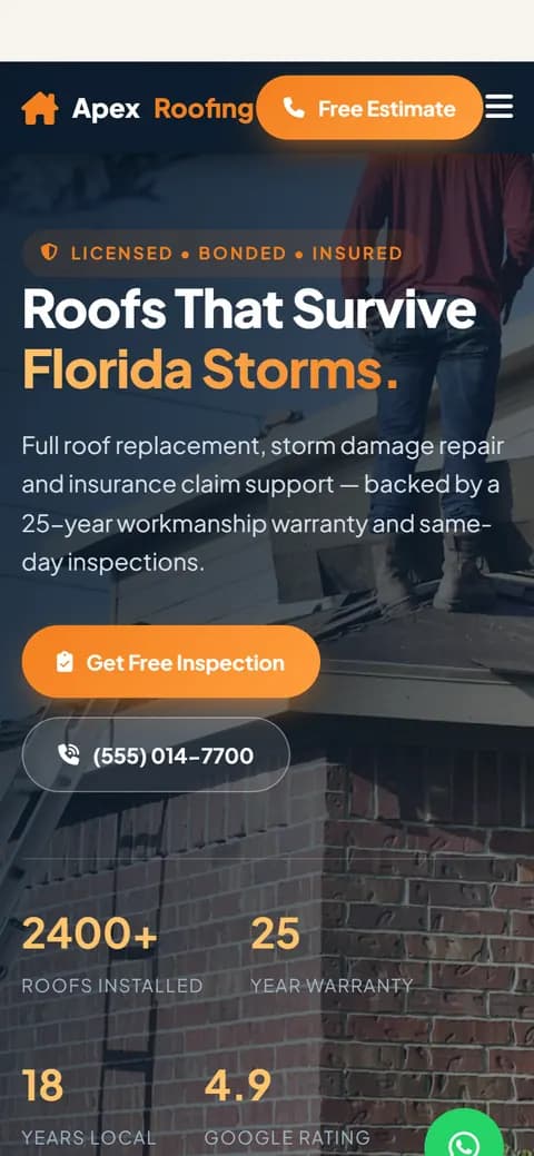 Website design for Apex Roofing Co. built by DeveloperStudio, mobile view