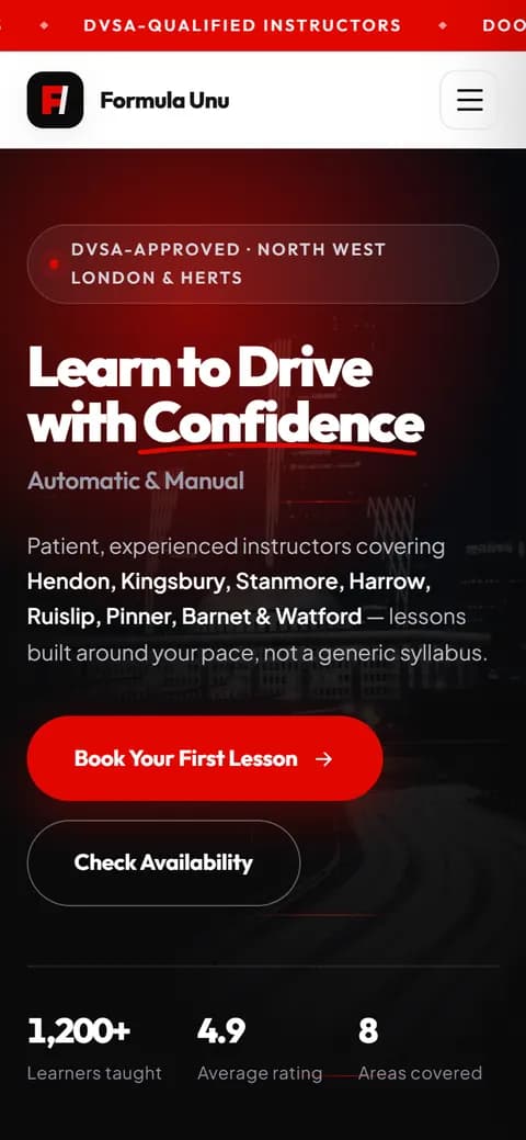 Website design for Formula Unu Driving School built by DeveloperStudio, mobile view